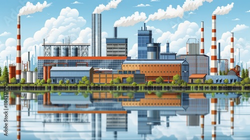 A factory painting beside a body of water Trees in front, clouds behind