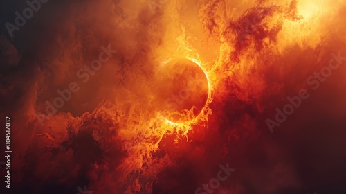   A sunrise or sunset eclipse in a cloudy sky with a fiery ring encircling the solar disk in its atmospheric layer photo