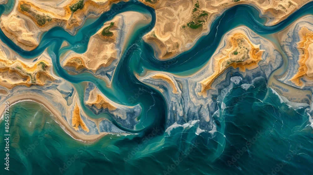 An aerial perspective of a body of water resembling a river or ocean's expanse An aerial perspective of a body of water resembling a river or ocean's expanse