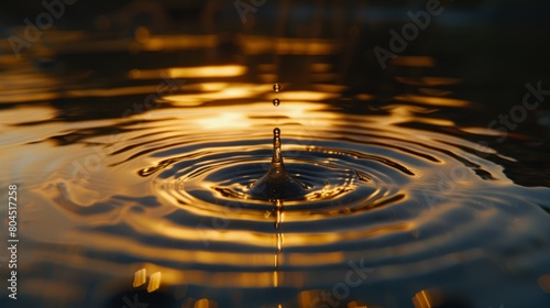   Close-up of a sunlit water droplet  reflecting the sun and displaying ripples