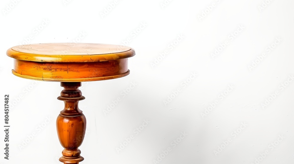 A small wooden table sits atop a hardwood floor, backed by a white wall A small wooden table sits atop a hardwood floor, backed by a white wall