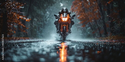 A motorcycle racer rides on an asphalt road during the rain