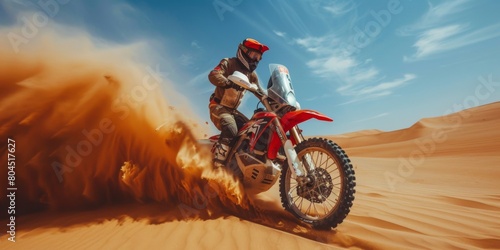 Extreme motocross. A racer rides along a sandy track in the desert. Generative AI © 22_monkeyzzz