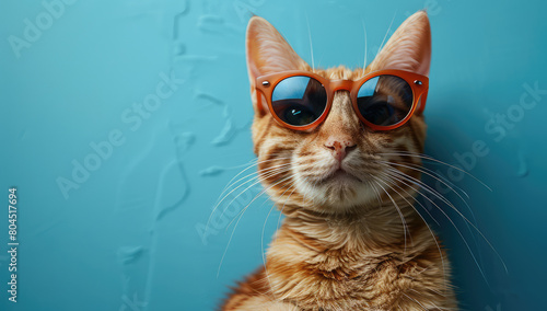 Portrait of an orange cat with round glasses on blue background. Created with Ai