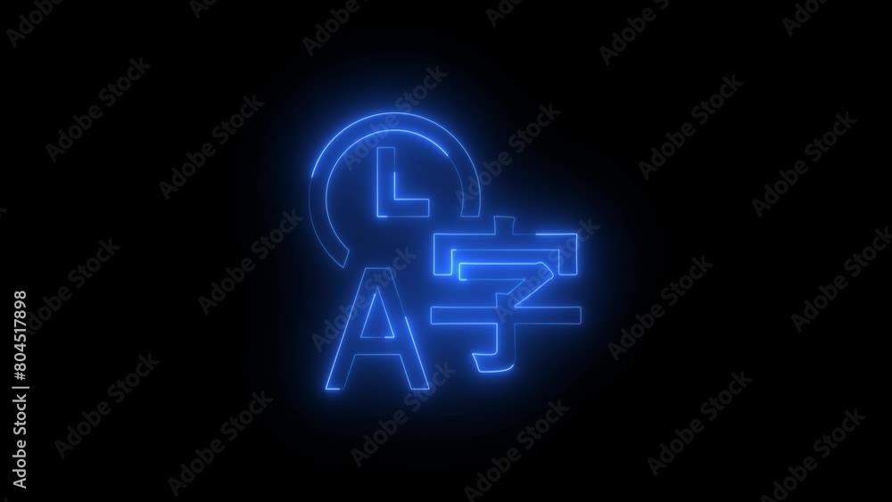 Neon glowing blue color time language icon on black background animation Neon glowing blue color time language icon on black background animation