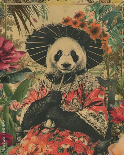 1910s-inspired southwestern goddess with panda motif, Behr color palette, digital art. photo