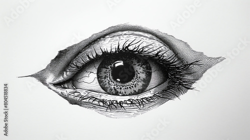 Capture a minimalist design of a sinister, eerie eye in exquisite detail, using pen and ink Create tension and fear