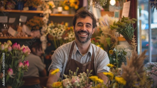 A man is smiling in front of a flower shop © liliyabatyrova