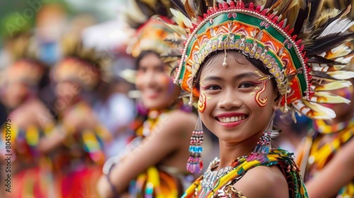A woman wearing a vibrant headdress smiles joyfully as she poses for the camera.