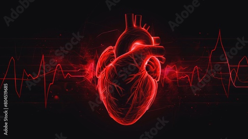 human heart shape with red cardio pulse line. Creative stylized red heart cardiogram with human heart on black background. Health, cardiology, cardiovascular diseases photo