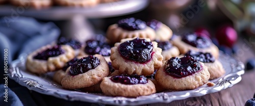 Patriotic thumbprint cookies filled with blueberry jam , professional photography and light