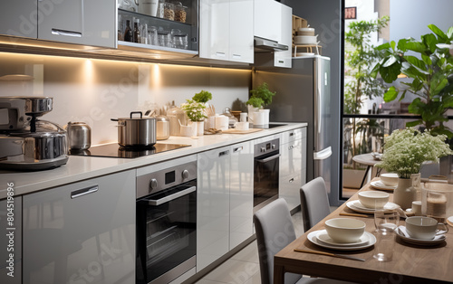 Modern interior design of kitchen furniture, kitchen appliances, and served dining table.