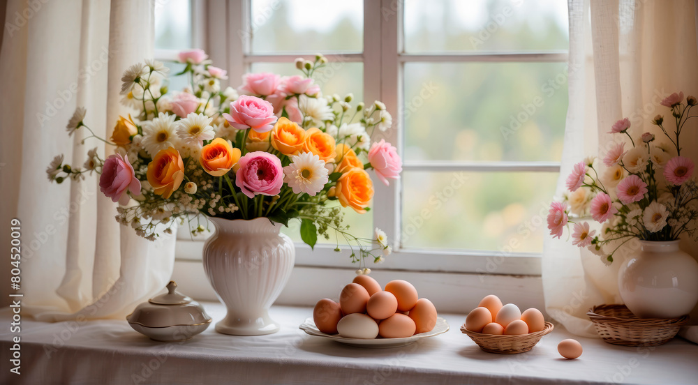 Chicken eggs on the background of window and flowers Chicken eggs on the background of window and flowers