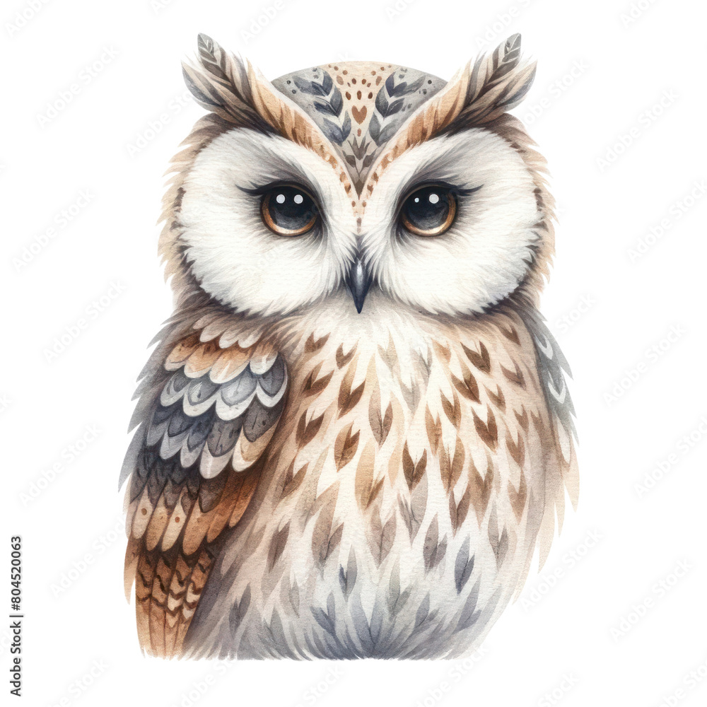 Naklejka premium A cute cartoon owl with big eyes and a friendly expression. The owl is mostly white with brown and gray feathers and has a few green leaves on its head.