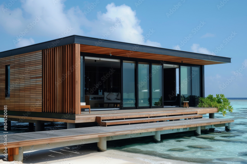Luxurious eco-lodge with contemporary design situated on stilts above clear ocean waters. Featuring expansive glass windows and sustainable wooden architecture Luxurious eco-lodge with contemporary design situated on stilts above clear ocean waters. Featuring expansive glass windows and sustainable wooden architecture