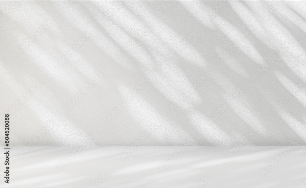Fototapeta premium Grey shadow studio showcase for product presentation. Shadow sunshine and sunbeam reflection on gray wall and floor in empty luxury studio room for products display