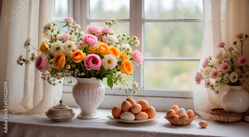 Chicken eggs on the background of window and flowers © vvicca