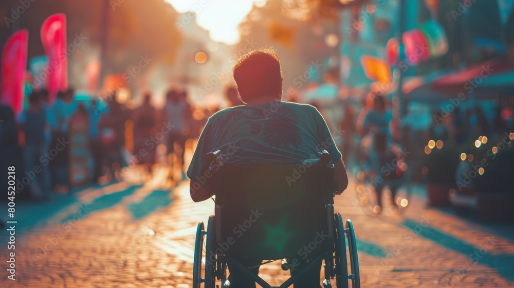 A man in a wheelchair navigating a busy city street with pedestrians and vehicles in the background. A man in a wheelchair navigating a busy city street with pedestrians and vehicles in the background.