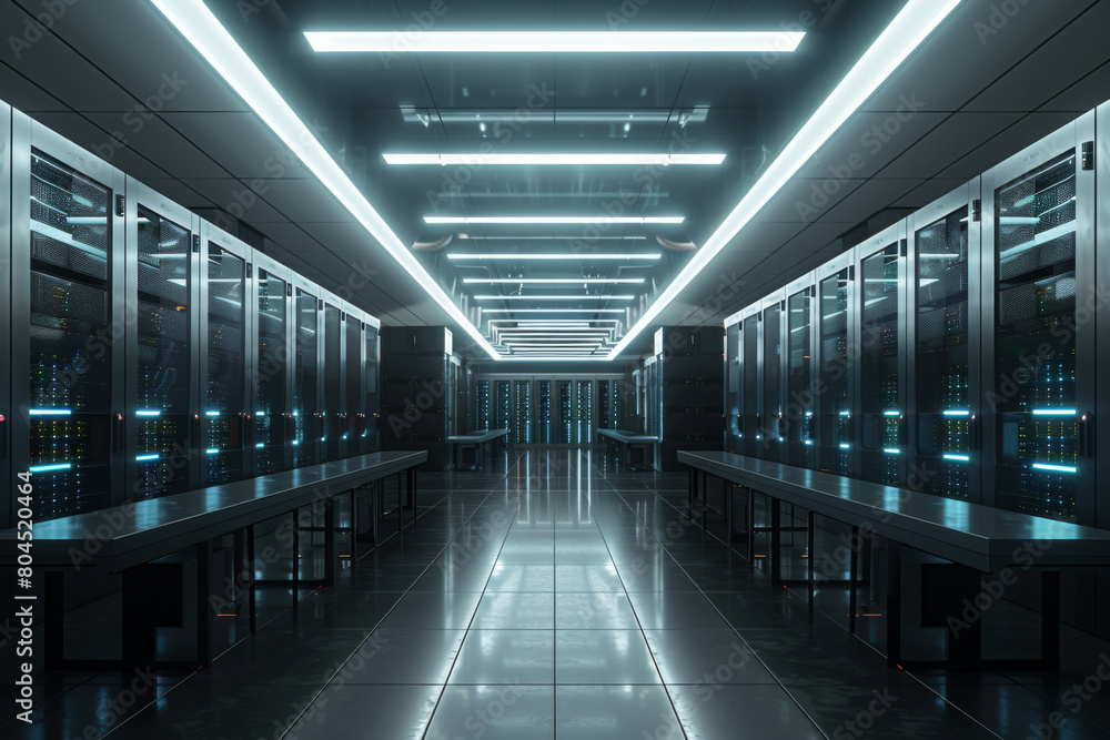 Network servers standing in a row inside a data center.Computer server room. Network servers standing in a row inside a data center.Computer server room.