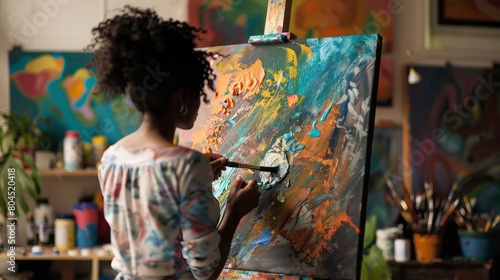 A young girl is painting a picture with a brush