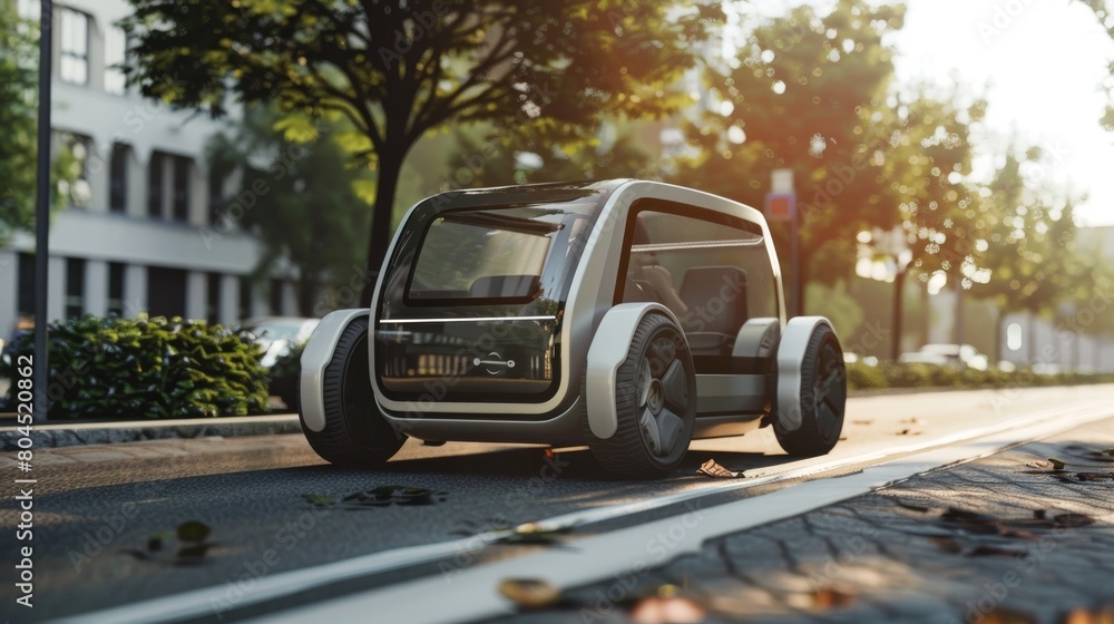 Ride on the road in an autonomous self-driving electric car rendered in 3D.