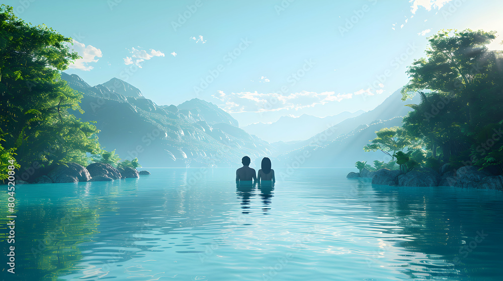 Lakeside Serenity: Couple Lounging by Tranquil Lake, Lush Greenery, Majestic Mountains in Cartoon Style Lakeside Serenity: Couple Lounging by Tranquil Lake, Lush Greenery, Majestic Mountains in Cartoon Style