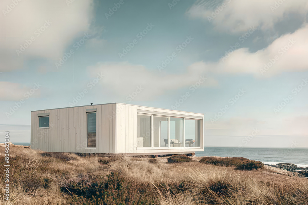 Contemporary and stylish eco-lodge with large windows stands alone in a natural setting by the sea, offering sustainable accommodation with a minimalist design Contemporary and stylish eco-lodge with large windows stands alone in a natural setting by the sea, offering sustainable accommodation with a minimalist design
