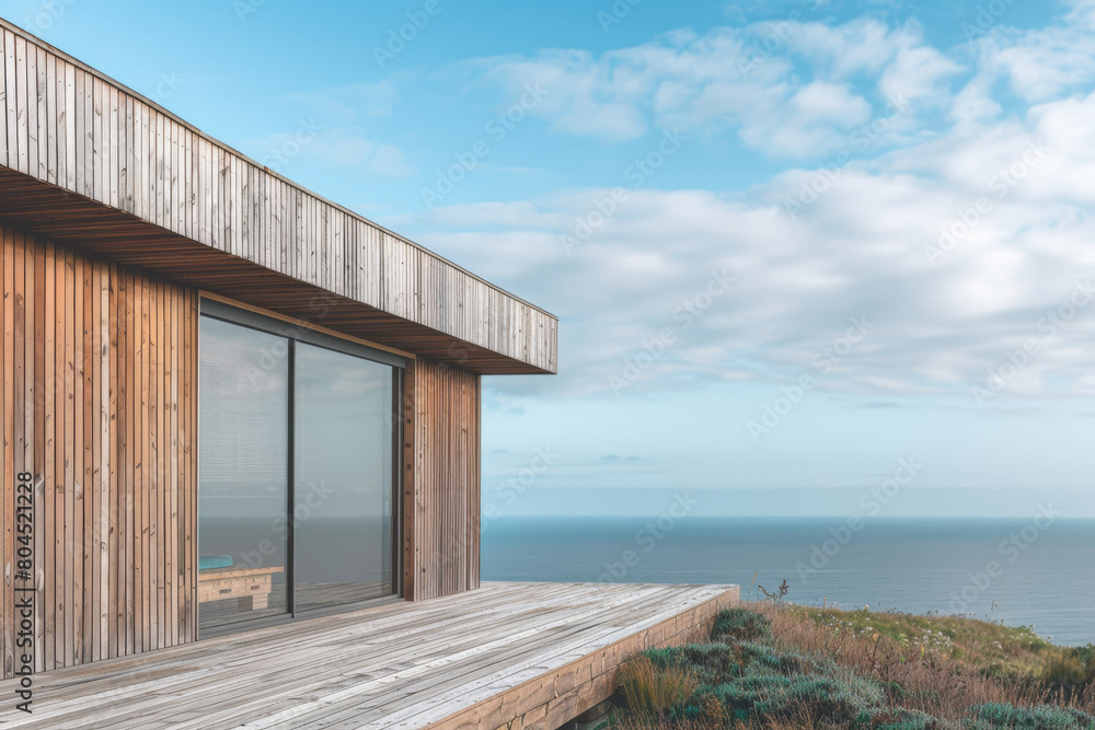 Modern eco-lodge with wooden architecture, nestled on a coastal bluff, features expansive glass windows offering breathtaking views of the ocean horizon in a tranquil setting