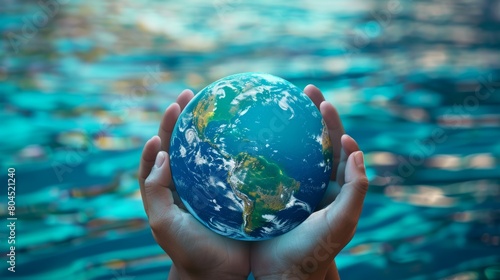 holds a global in their hand while standing in water. Concept of responsibility and awareness towards the environment, Sustainable development
