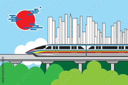 Overhead railway monorail or skytrain background with high rise buildings city view drawing in colorful cartoon vector