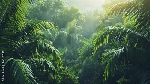 Tropical dense forest and environmental technology  green jungle with many leaves and plants. serene and peaceful mood  representation of nature s beauty and tranquility  landscape