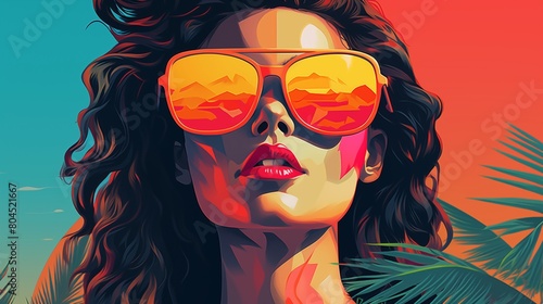 Stylish Trendy Woman with Sunglasses Reflecting a Sunset Beach Scene.