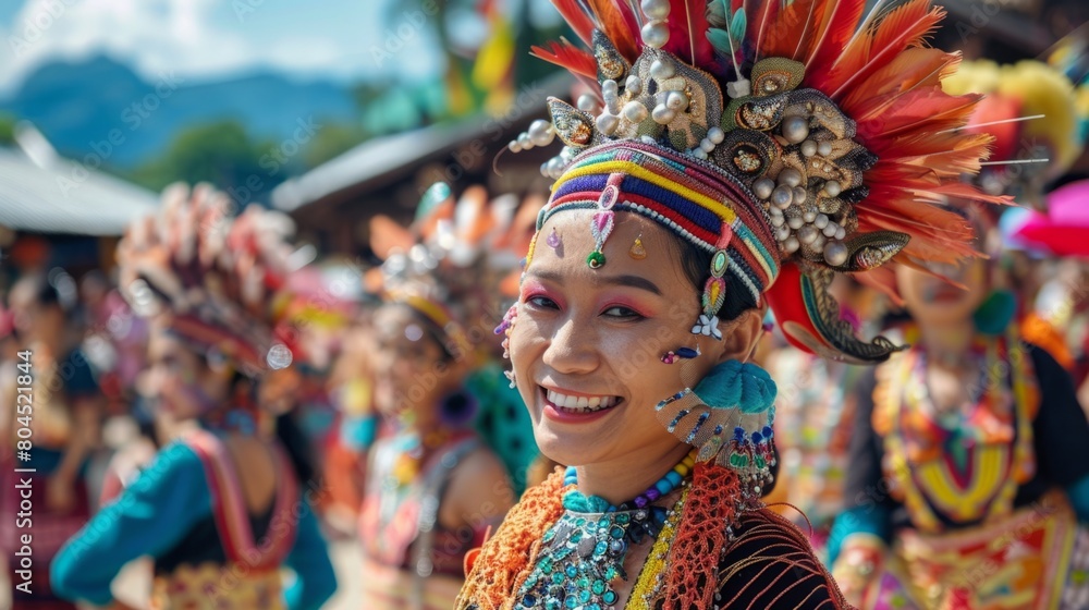 A woman wearing a vibrant, elaborate headdress smiles directly at the camera.