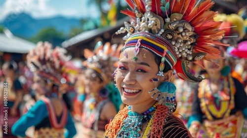 A woman wearing a vibrant, elaborate headdress smiles directly at the camera.