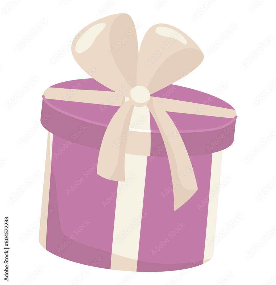 Gift box in flat design. Purple rounded present with ribbon and bow. Vector illustration isolated. Gift box in flat design. Purple rounded present with ribbon and bow. Vector illustration isolated.