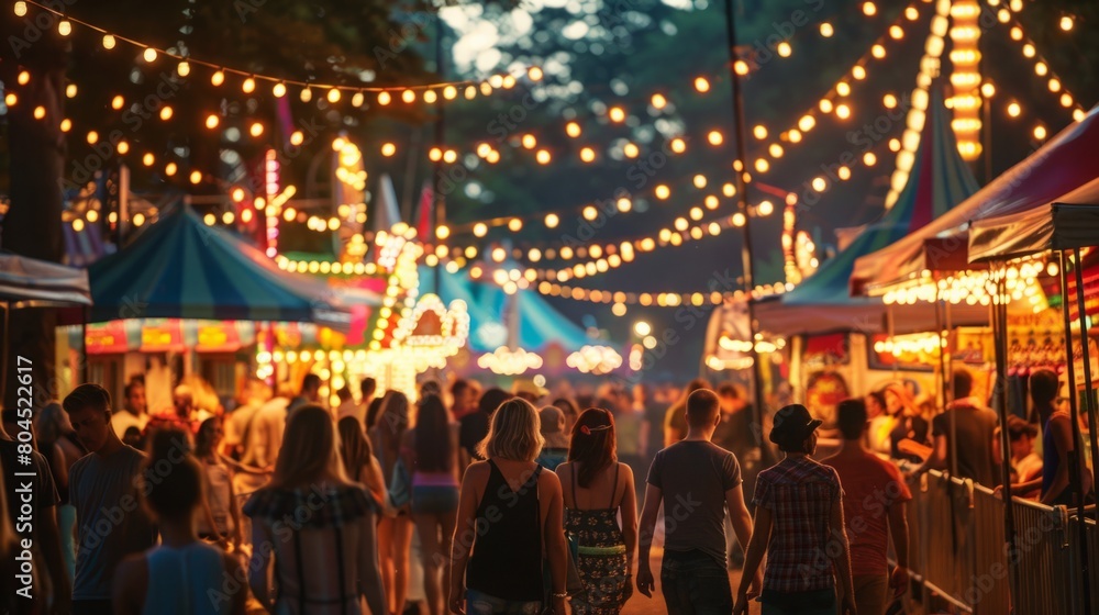 A group of diverse individuals strolling through a lively carnival, enjoying games, rides, and food stalls. A group of diverse individuals strolling through a lively carnival, enjoying games, rides, and food stalls.