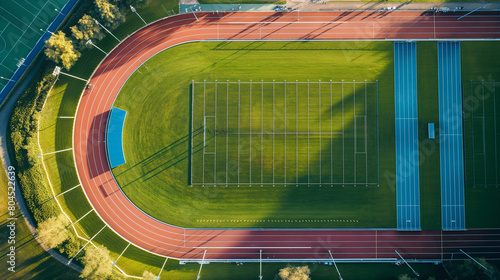 Aerial view of a track and field stadium, lanes and starting blocks prominently displayed, inspirational and motivating for sports and training themes