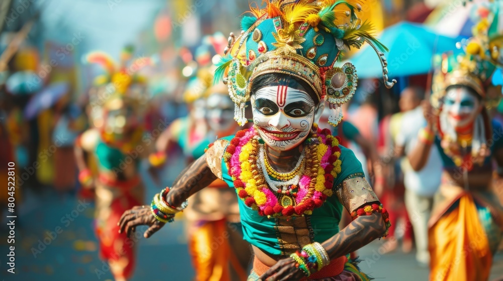 A diverse group of individuals dressed in vibrant and elaborate costumes, standing together in a festive setting. A diverse group of individuals dressed in vibrant and elaborate costumes, standing together in a festive setting.