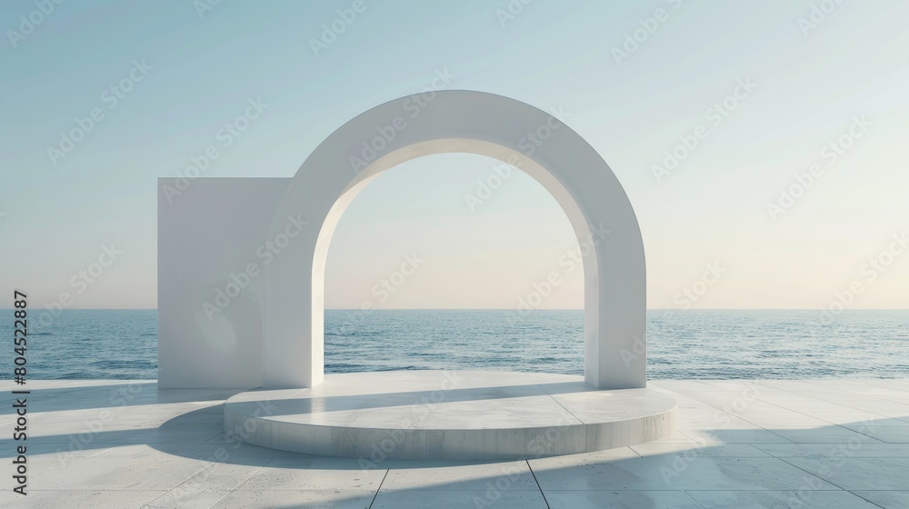 3D render background with geometrical forms, arches and podiums in natural daylight. minimal landscape background. sea view.