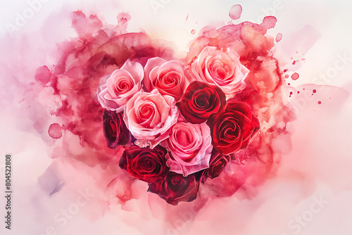 Artistic watercolor Valentine's Day card, featuring a heart-shaped arrangement of red and pink roses, soft washes of color blending romantically, copy space