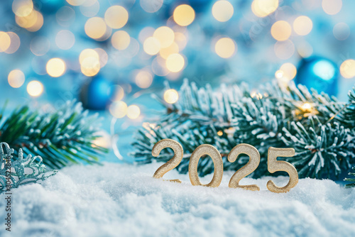 Happy New Year background with golden numbers "2025" on snow and spruce branches, bokeh lights of blue color. Winter holiday concept