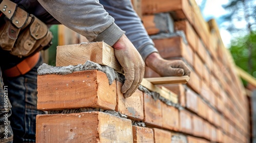 A builder placing a large wooden block into a brick wall that he is building