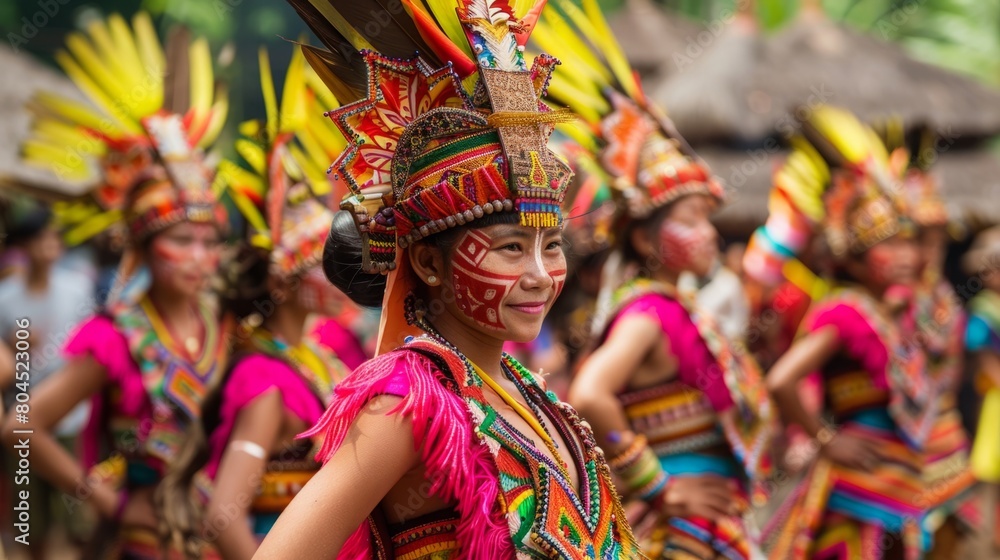 A group of women dressed in vibrant costumes with elaborate headdresses.