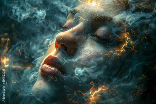 Close-up of a woman's face in smoke with lightning. Mental burnout and anxiety conceptual background.