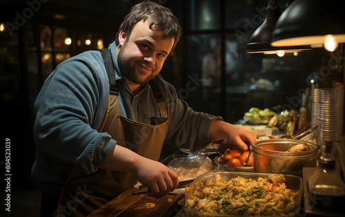 Man in apron preparing food in kitchen. Generative AI