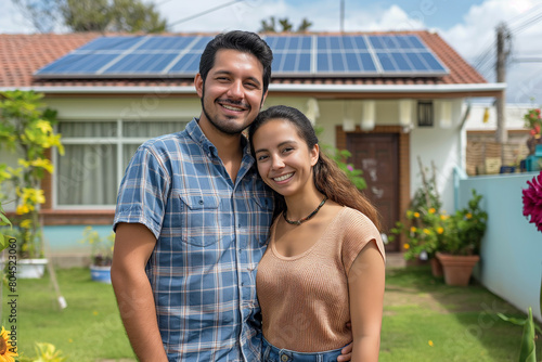 Happy hispanic married couple stands in an embrace in front of their new eco-sustainable house with solar panels on the roof of building.