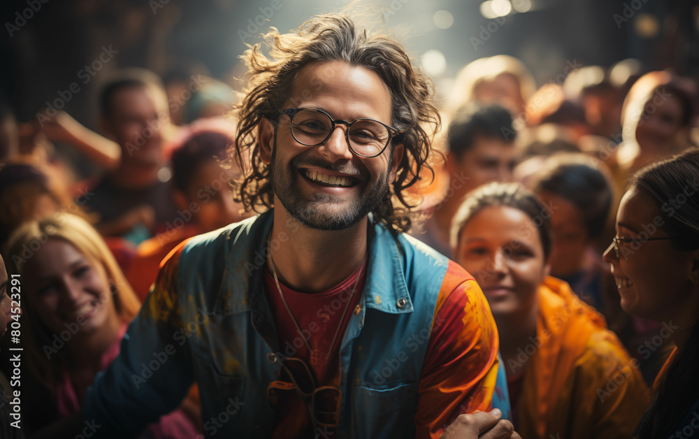 Fototapeta premium Man with glasses addressing crowd. Generative AI