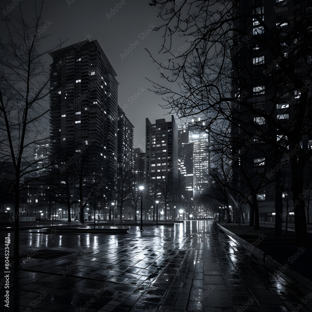 Obraz premium Urban environment at night. The essence of the city using only shades of gray. Monochromatic aesthetic images.