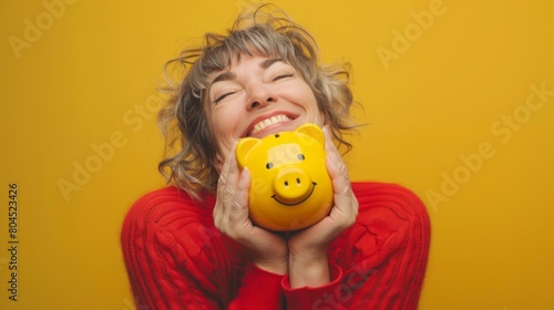 Woman Embracing Yellow Piggybank