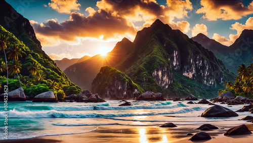 Aerial view of a picturesque place somewhere in Asia, stunning mountains, green slopes, coastline with rocks and crystal clear water. View of the beautiful coastline